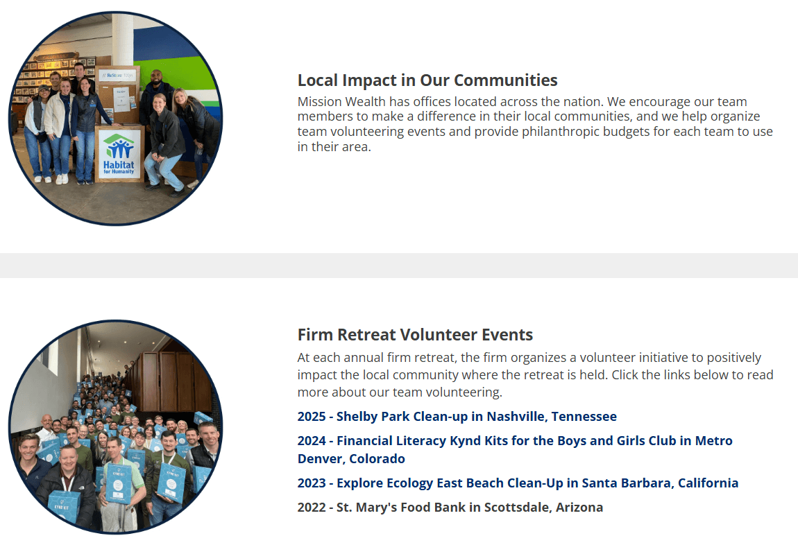 Screenshot of a web page describing Mission Wealth’s employee volunteering programs and past volunteer events