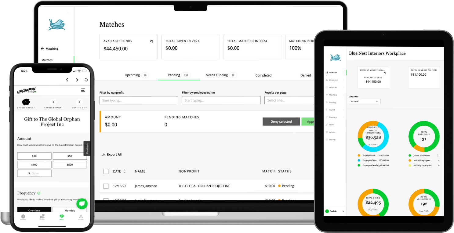 Screens showing different elements of Uncommon Giving’s corporate giving software, including a matching gift dashboard and employee donation options
