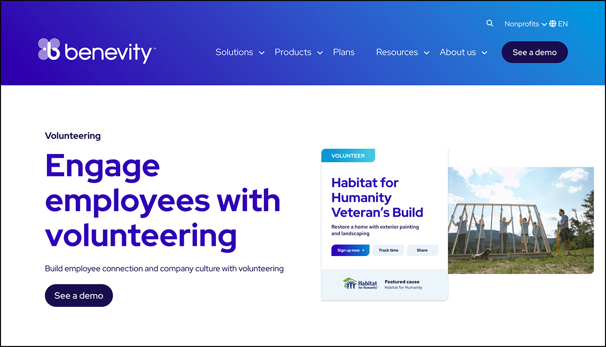 A screenshot of Benevity’s workplace volunteer platform page.