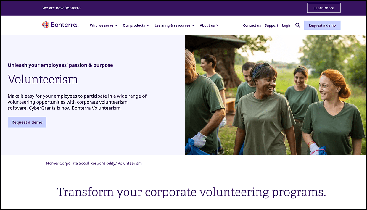 A screenshot of the Bonterra Volunteerism page, which describes the corporate volunteering software’s features.