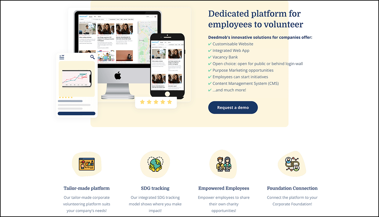 A screenshot of Deedmob’s corporate volunteering platform page.