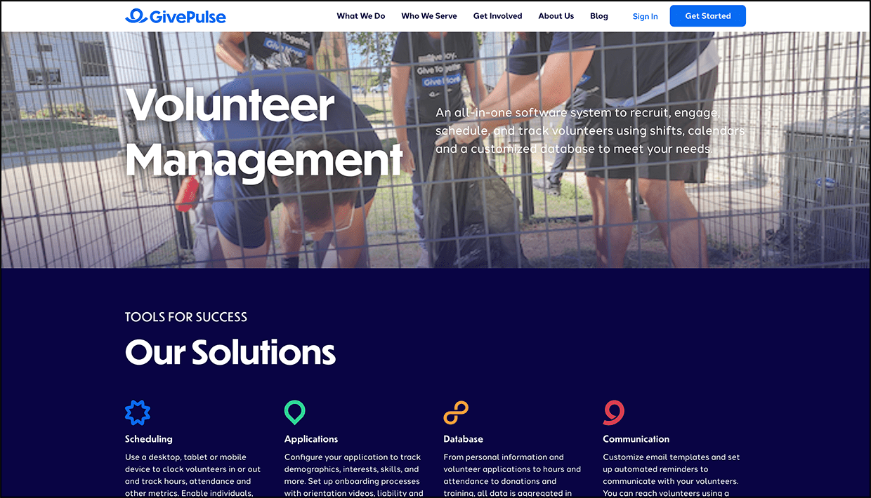 A screenshot of GivePulse’s page, which describes how companies can use the corporate volunteering software to manage their programs.