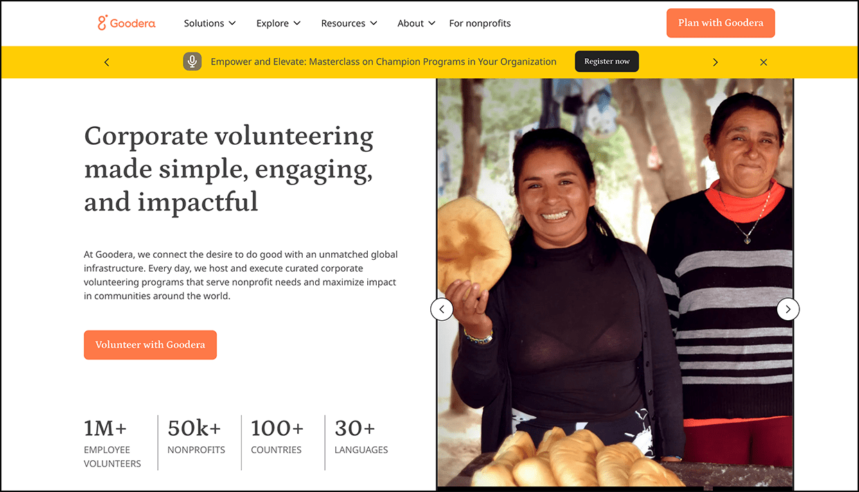 A screenshot of Goodera’s website, which contains information regarding its corporate volunteering platform.