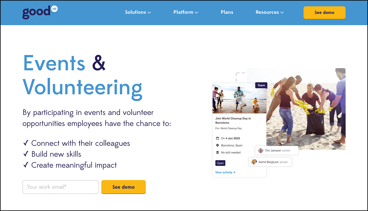 A screenshot of Goodup’s corporate volunteering software page.