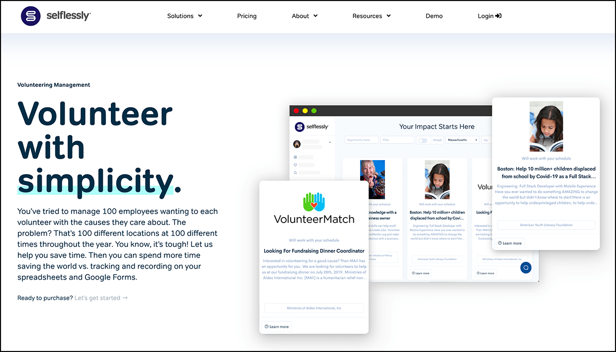 A screenshot of Selflessly’s page on corporate volunteering software.