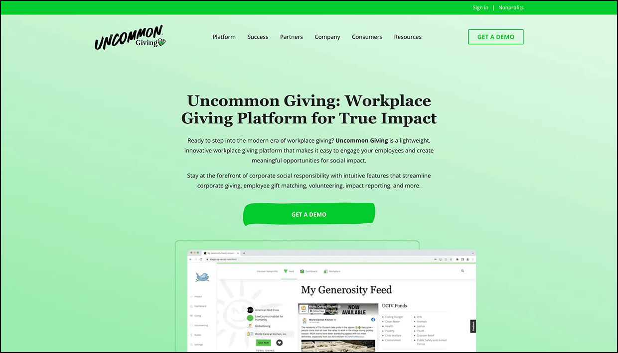 A screenshot of the Uncommon Giving page, which goes into detail about the corporate volunteering platform’s features discussed below.