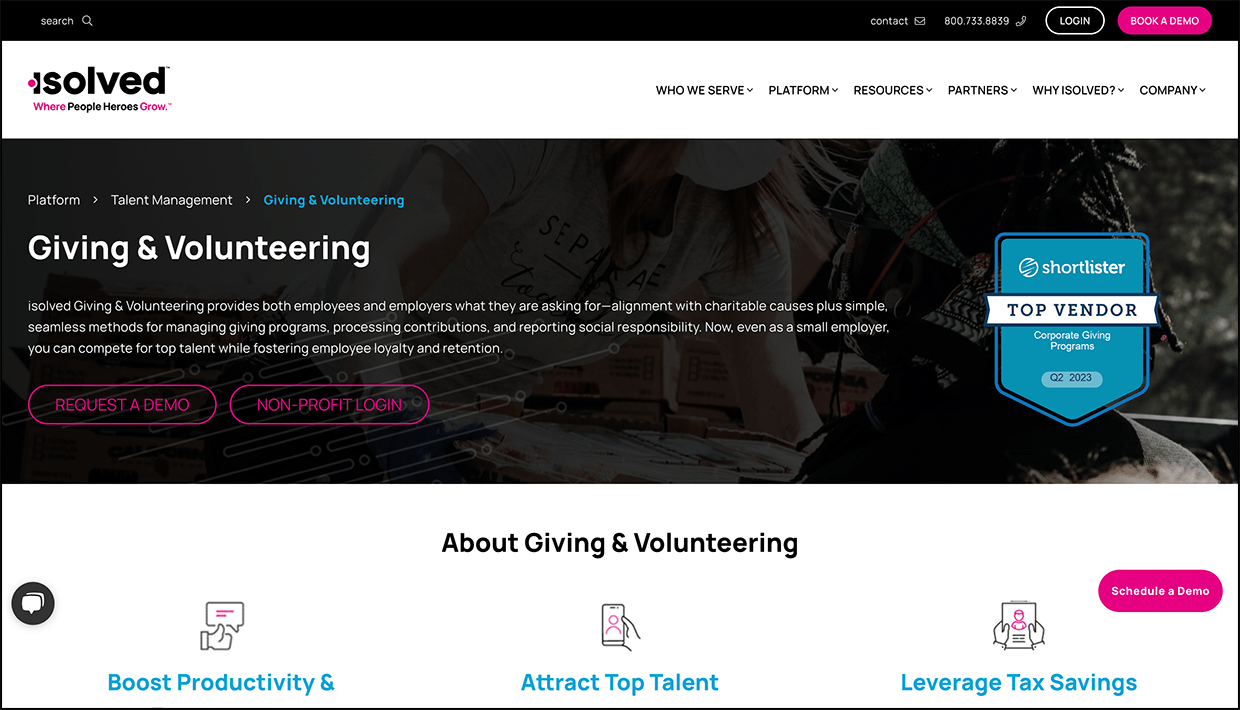 A screenshot of isolved’s corporate volunteering software.