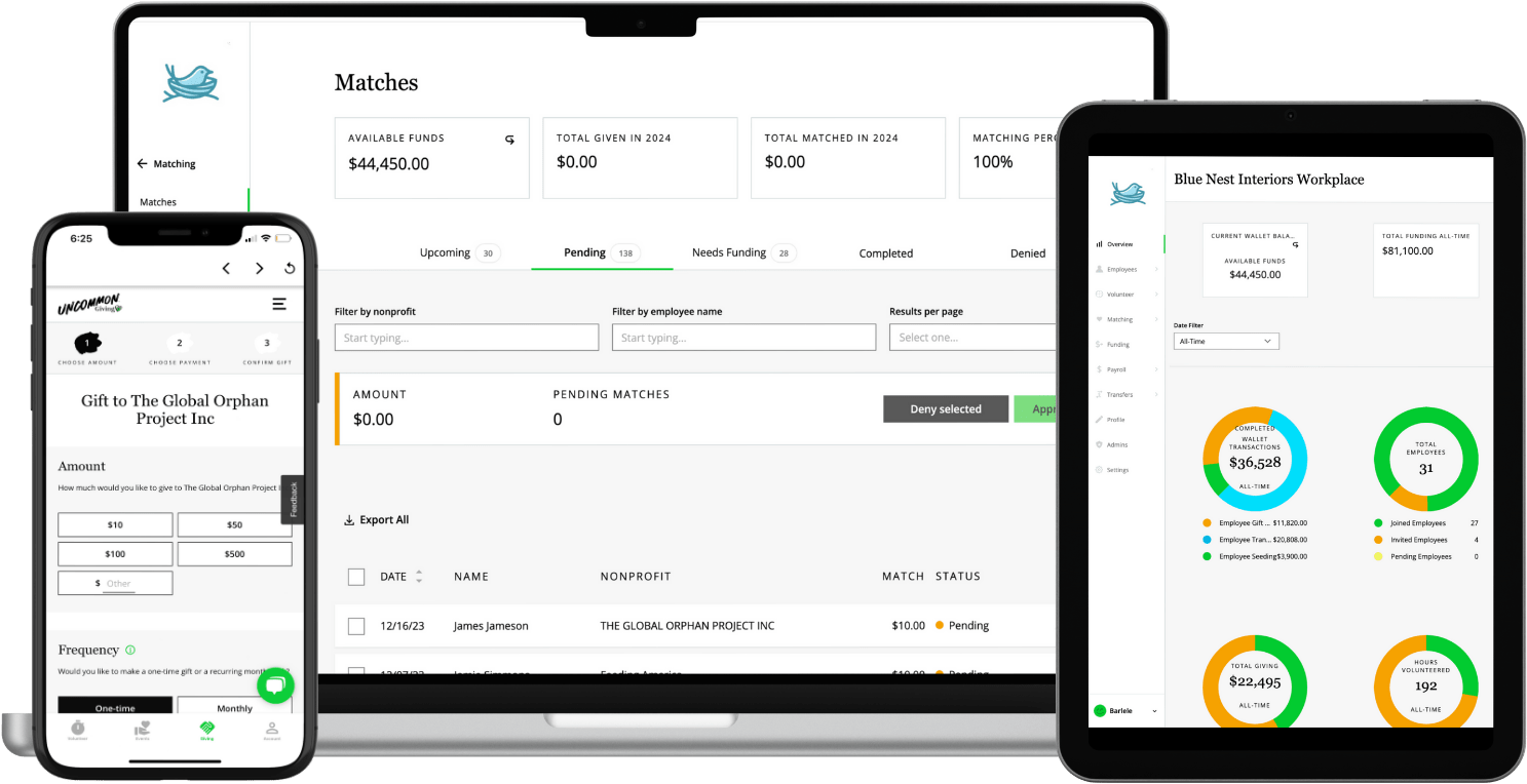 Screenshots of Uncommon Giving’s easy-to-use admin dashboard, which is a step up from other employee giving software solutions.