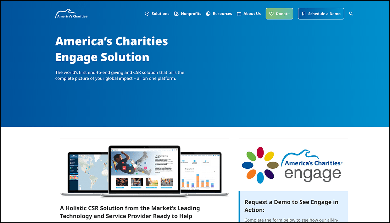 Screenshot from the America’s Charities website, which describes its corporate giving platform.