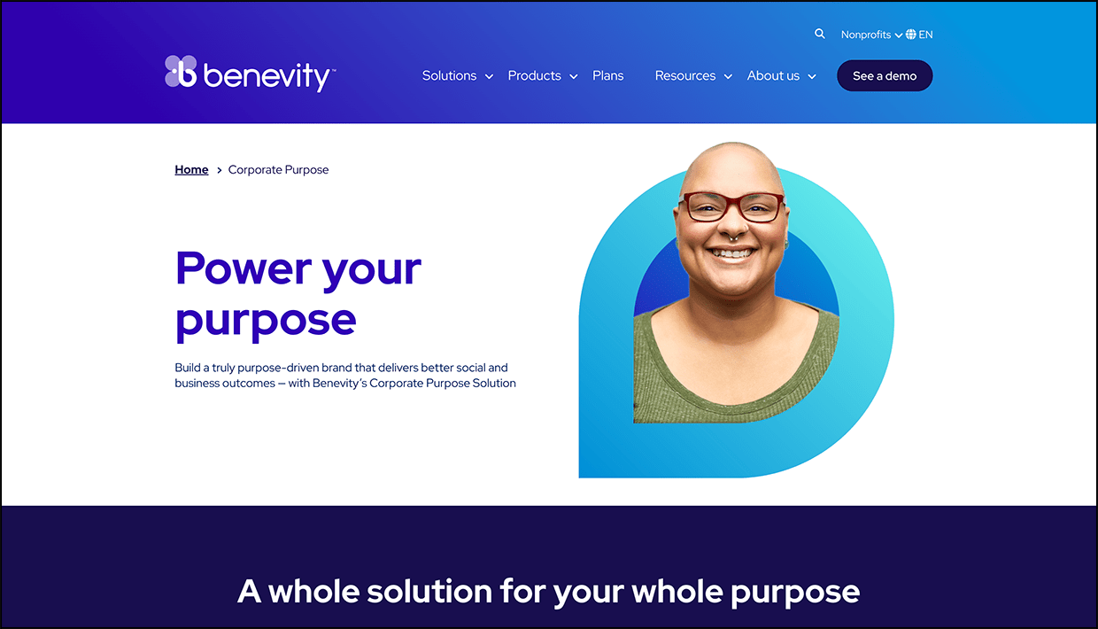 Screenshot of Benevity’s employee giving software product page.