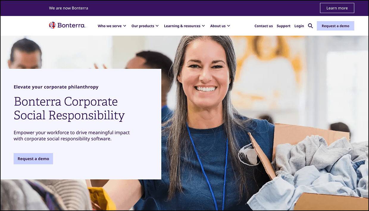 Screenshot from Bonterra’s website, which contains pages related to its corporate giving software.