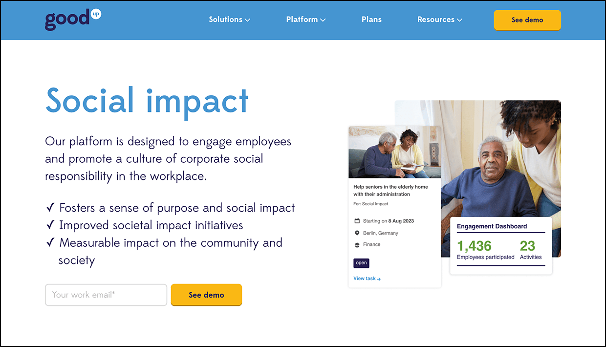 Screenshot of GoodUp’s corporate social responsibility platform webpage.