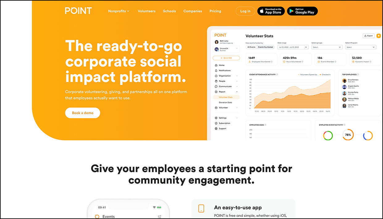 Screenshot from POINT’s website, which goes into detail about the employee giving software’s features.