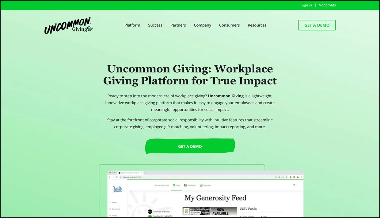 Screenshot from Uncommon Giving’s website, which describes the features of this top corporate giving software solution.