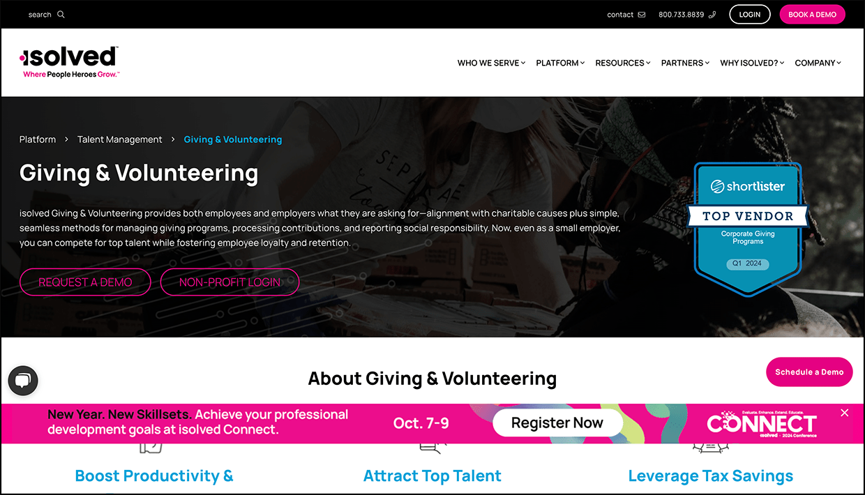 Screenshot from isolved’s website, which lists the corporate giving software’s features.