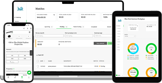 Screenshots of the Uncommon Giving dashboard on a computer, tablet, and phone.