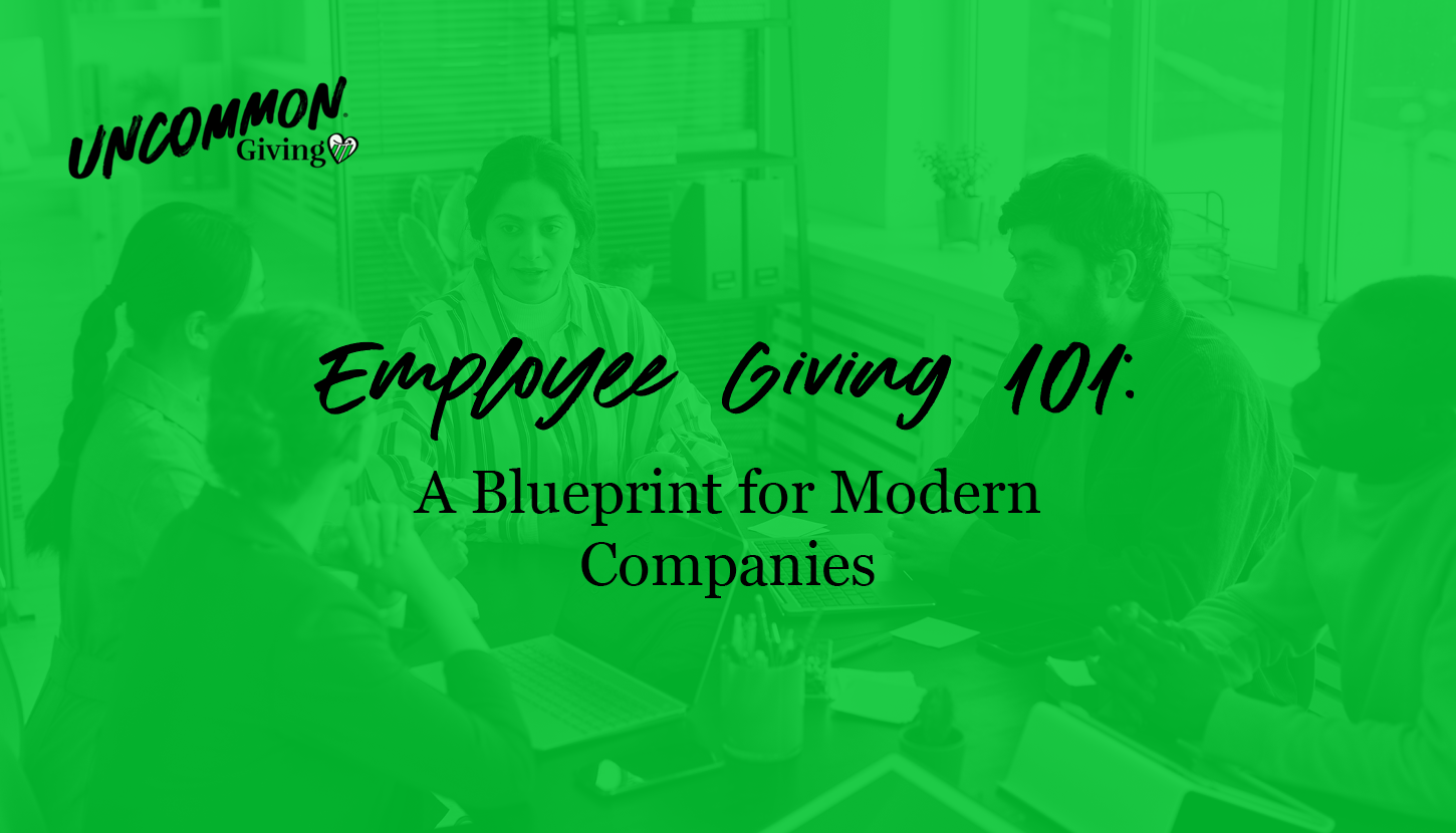 The article’s title, “Employee Giving 101: A Blueprint for Modern Companies,” over an image of employees meeting around a table.