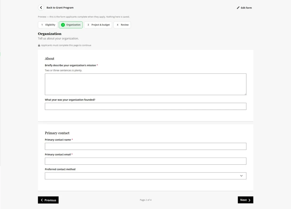 Preview of the multi-page grant application form an applicant completes