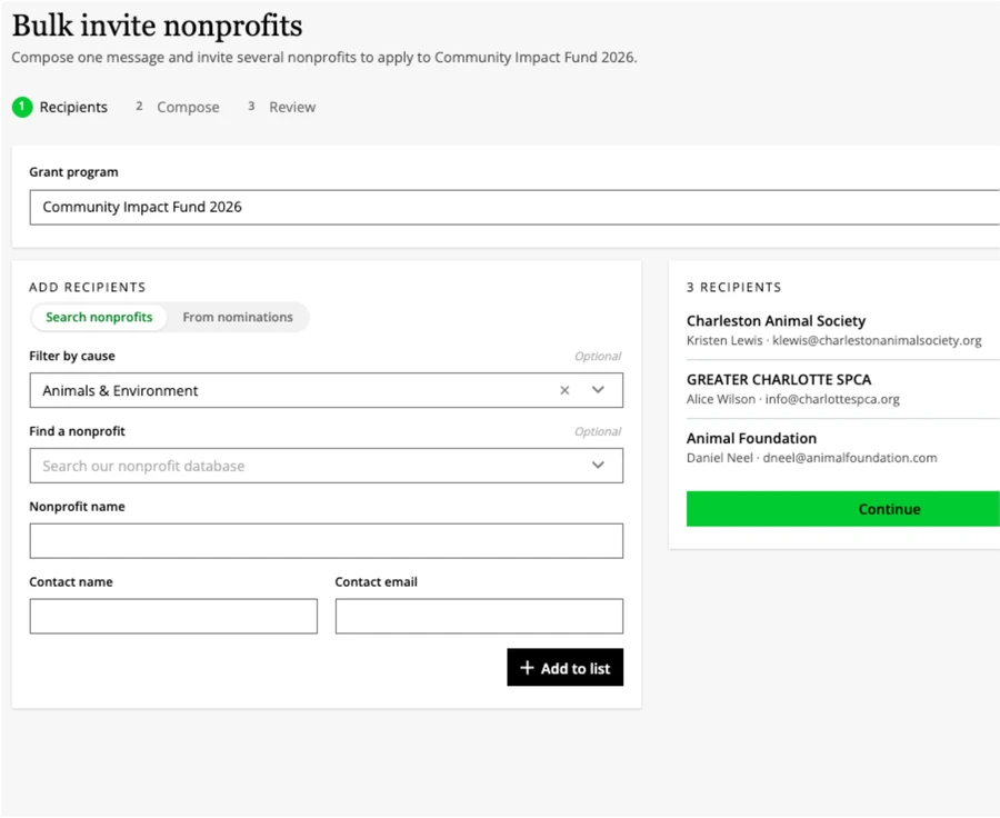 Bulk invite nonprofits screen selecting recipients from employee nominations
