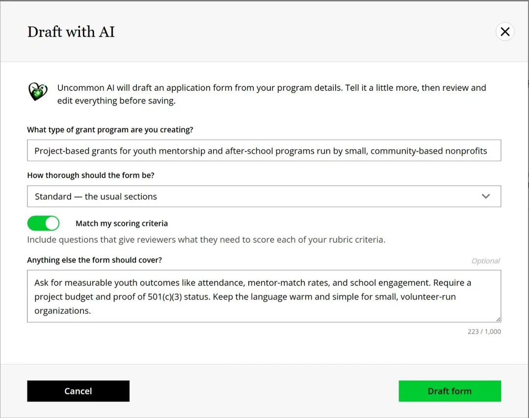 Draft with AI modal in Uncommon Giving grants management software generating a grant application form from a program description