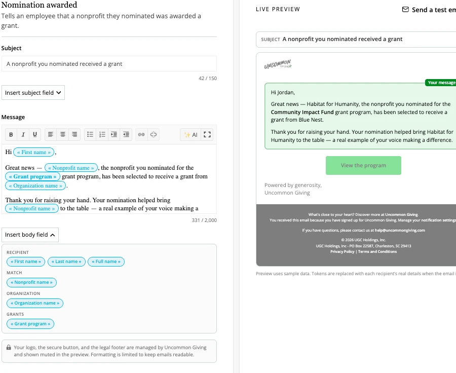 Email template library for grant invitations, giving, matching, and volunteering notifications