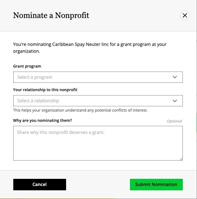 Employee-facing Nominate a Nonprofit form with nonprofit search, grant program, and relationship disclosure