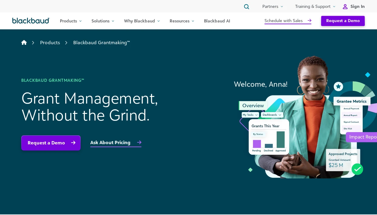 Screenshot of the Blackbaud Grantmaking product page.