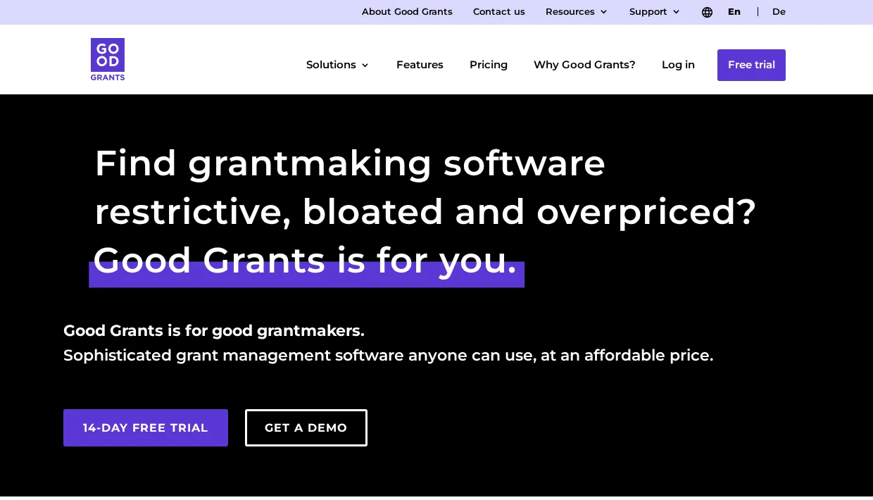 Screenshot of the Good Grants homepage.